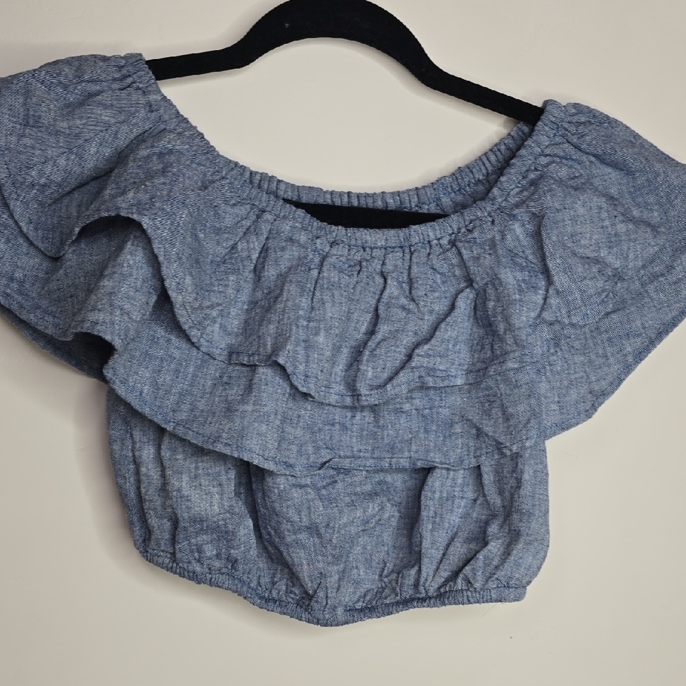Express Blue Ruffled Crop Blouse - Picture 6 of 8